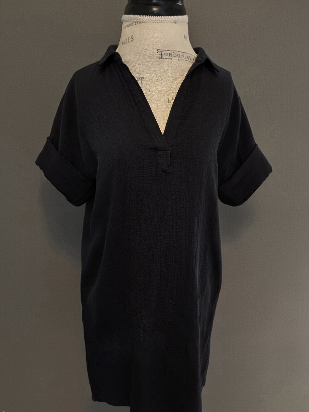 J.Crew Factory Short-Sleeve Gauze Popover Dress, Black, Size M